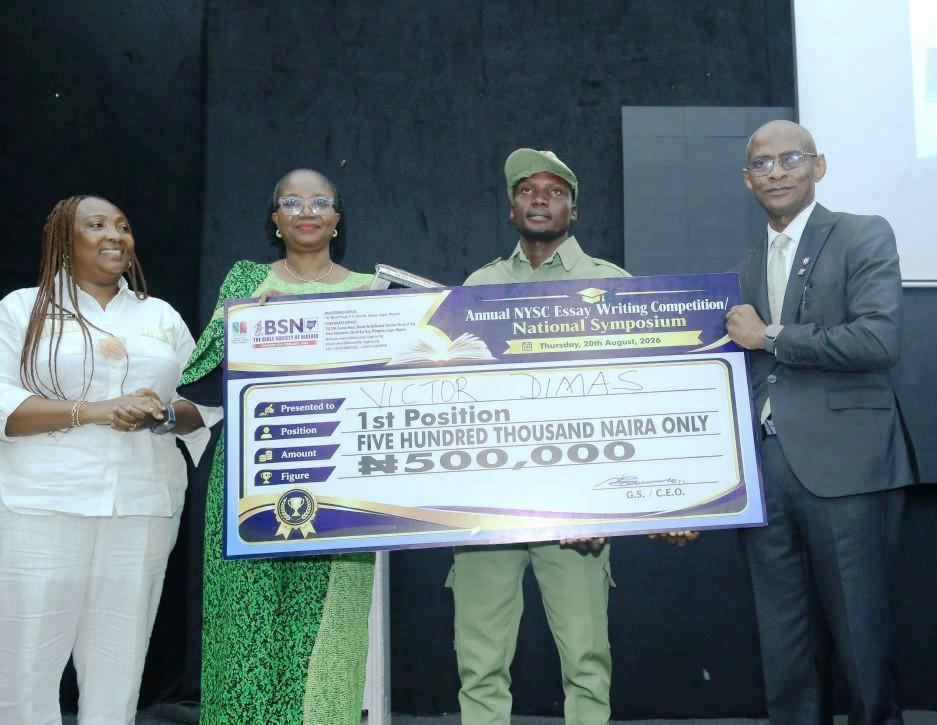 L-R: Local Government Inspector NYSC, Lagos State, Mrs Bose Ojimi; Asst. Director Research & Planning and representative of NYSC Lagos State Coordinator, Mrs. Grace Osho; winner of the 15th edition of NYSC Essay Competition organised by The Bible Society of Nigeria (BSN) and graduate of Nursing Science, University of Maiduguri, Victor Dimas, and General Secretary/Chief Executive Officer, BSN, Pastor Samuel Sanusi during the event in Lagos recently